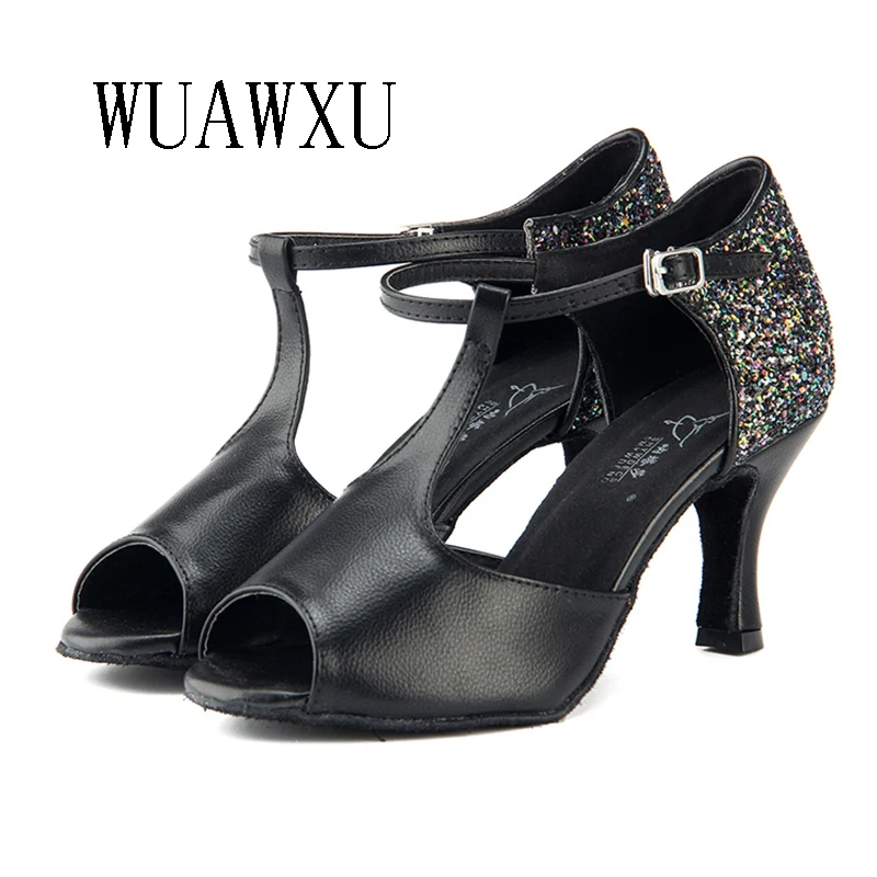 NATASHA 2023 Genuine leather plus seven color sequins Latin dance shoes Fish Mouth Black 7.5 Medium High Heel Soft Sole Square d
