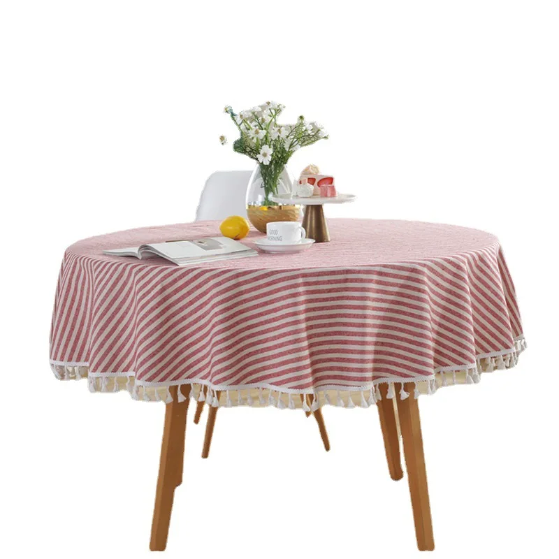 

Round Striped Tassel Tablecloth Cotton Linen Red Blue Coffee Color Geometric Tablecloth Coffee Table Cloth Cover Towel