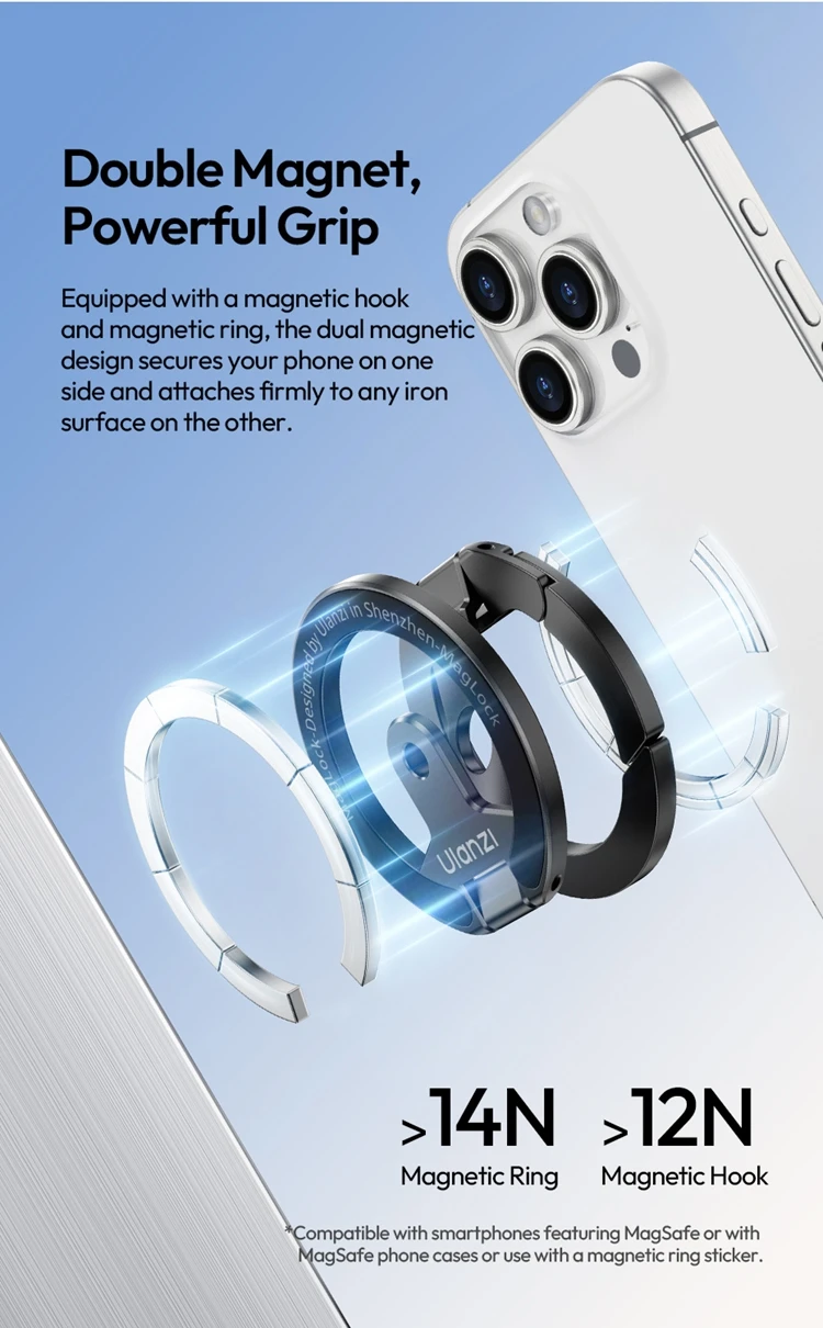 Ulanzi MA02 MagLock Dual Magnetic Phone Stand Foldable Magsafe Phone Holder with 1/4" Screw for Iphone 16 15 Android Phone Vlog