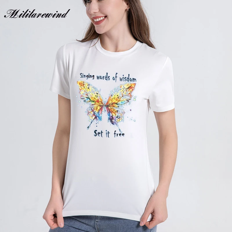

Summer Causal Fashion Butterfly Print T Shirt Women Cotton Streetwear Short Sleeve Tops Female Clothing O Neck Pullove Tees