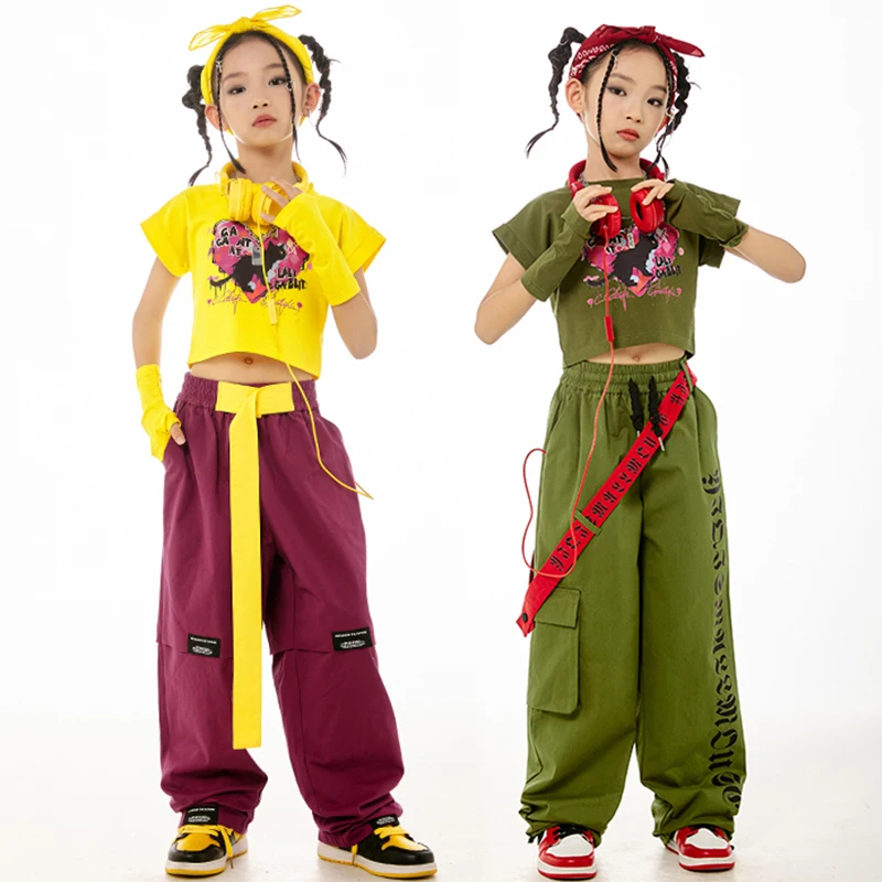 

Girls Modern Dance Clothes Jazz Costume Summer Yellow T Short Cargo pants Navel Suit Hip Hop Kids Performance Clothing BL12757