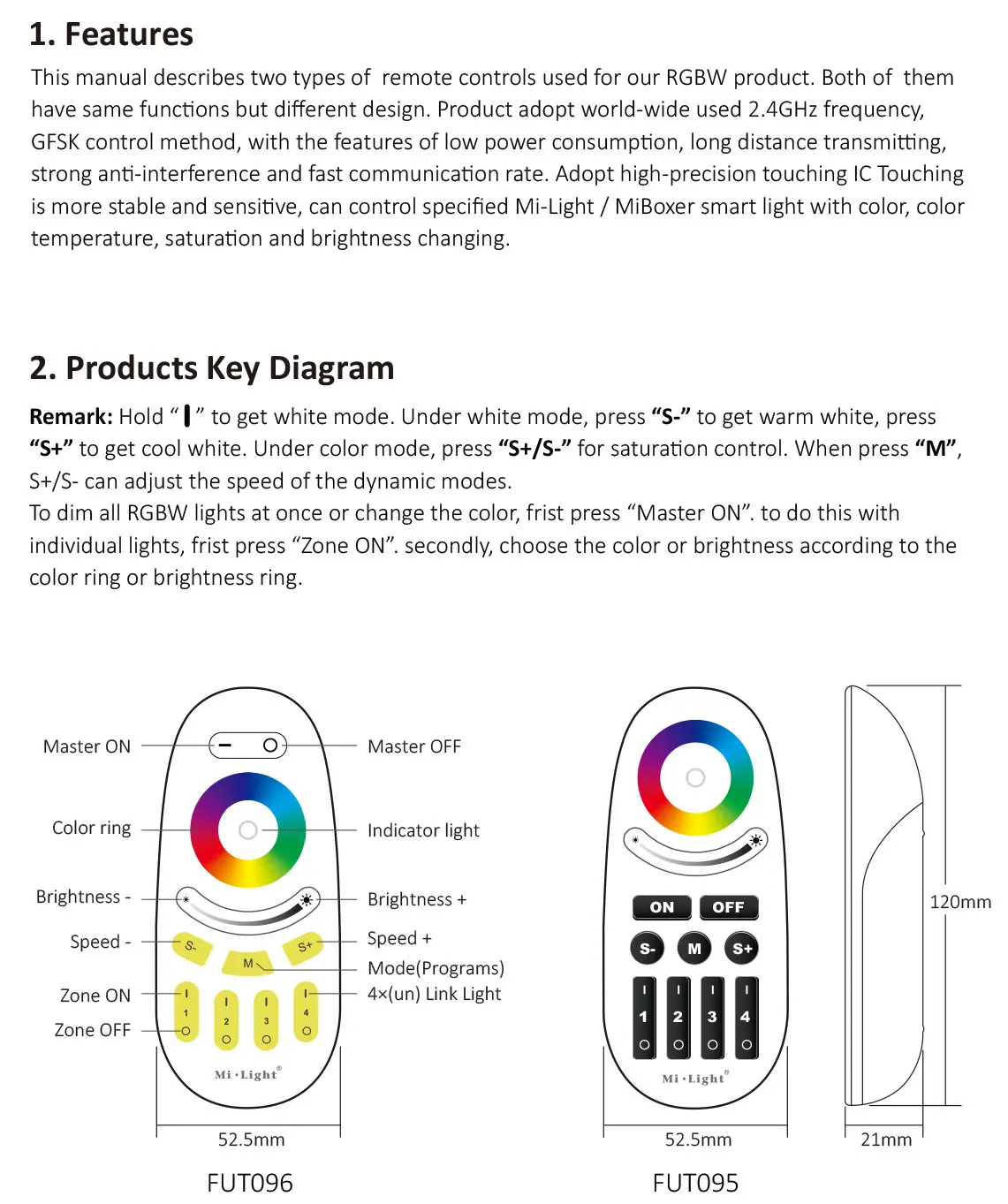 Description Picture 6 of itemMiboxer FUT096 2.4GHzRF 4 Zone Wireless Dimmer Switch Touch Remote for LED Strip Smart RGB/RGBW Bulb/Lamp/Panel/Controller