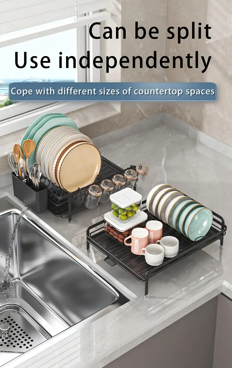 Expandable Dish Rack - Adjustable Kitchen Countertop Organizer with Utensil & Cup Holders
