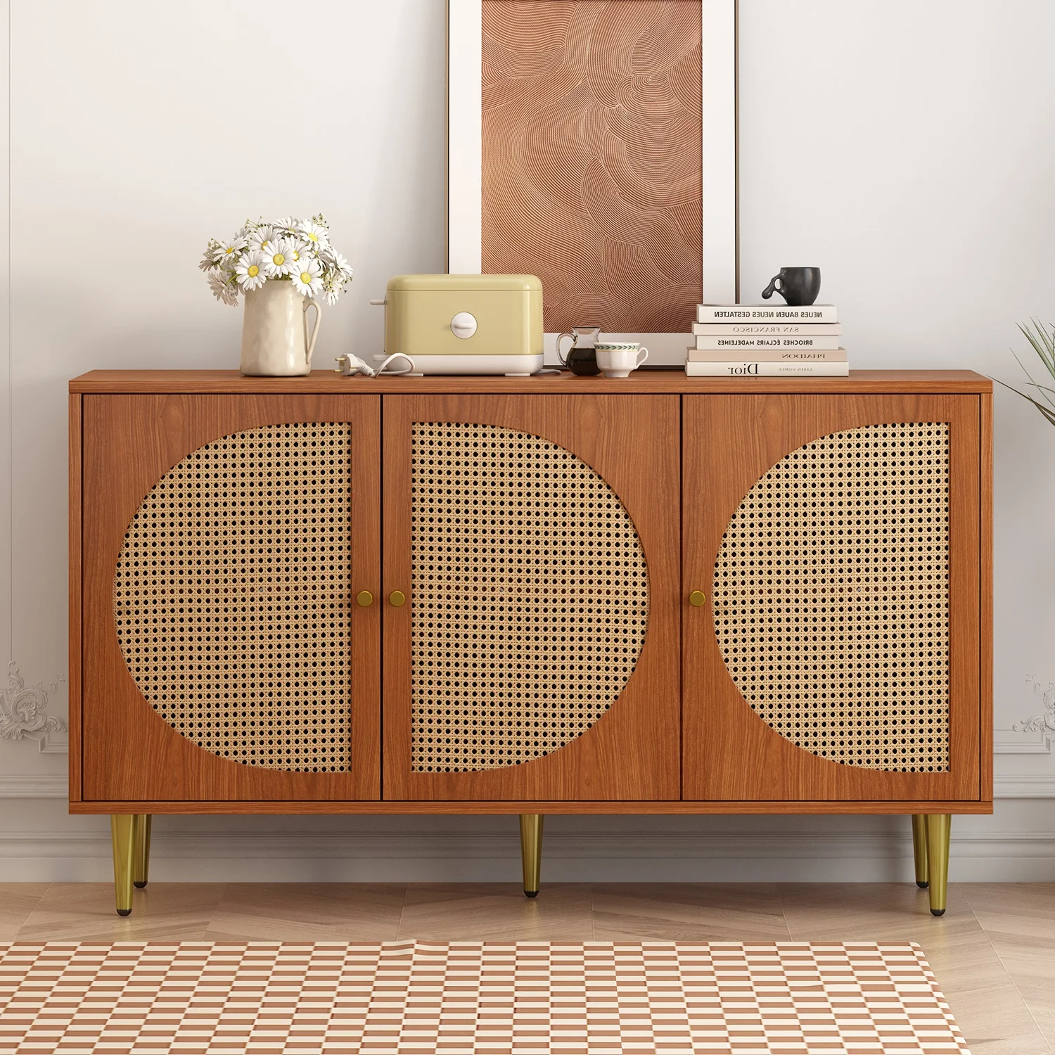 Sideboard mit 3 Rattan-verzierten Türen, Kommode mit Metallgriffen, für Schlafzimmer, Wohnzimmer und Büro – Detail 5