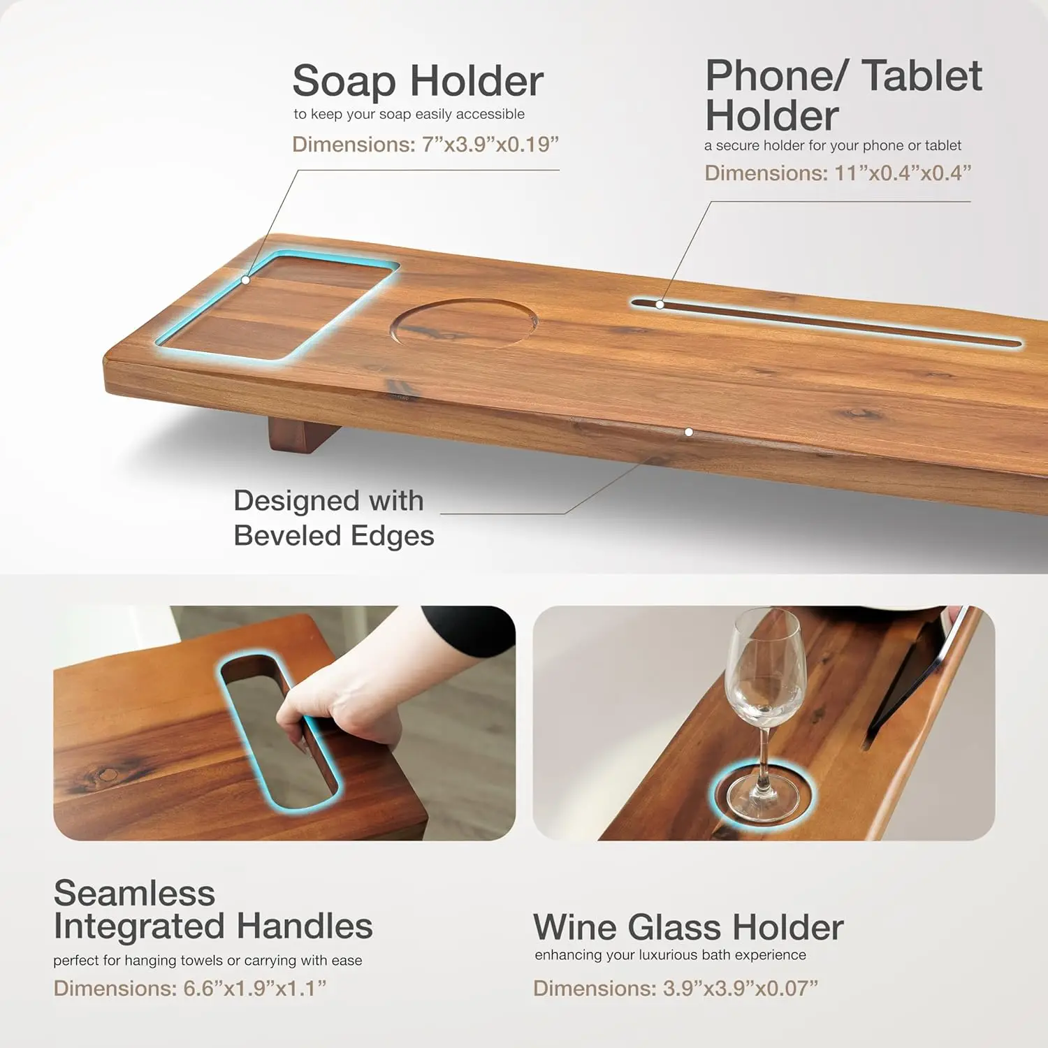 Acacia Bathtub Caddy Tray Table 39x10 Inch Large Bath Tub Tray Wooden Anti-Tipping, Sustainable Tub for Bathtub