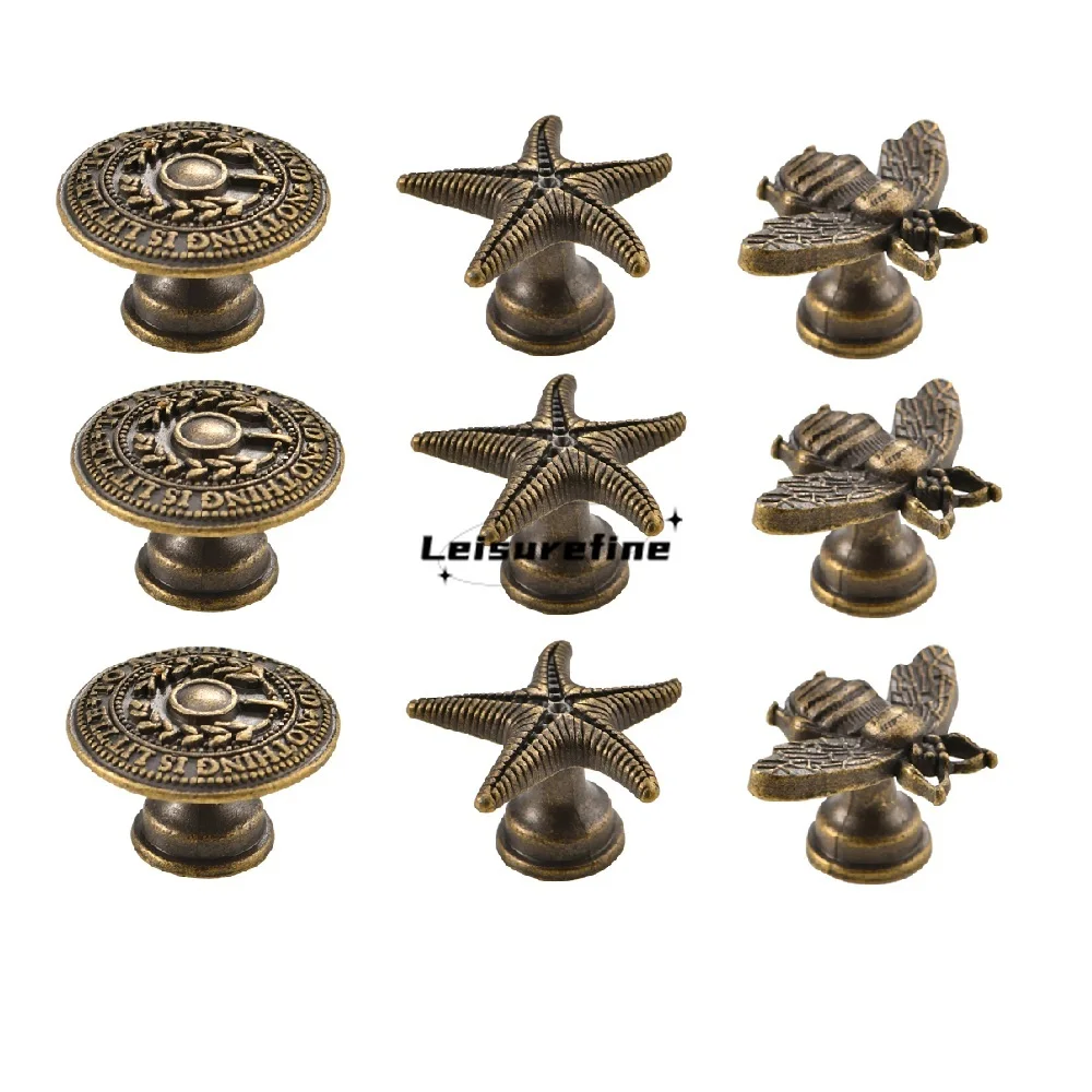 Antique Bronze Knobs w/screws Antique Bronze Creative Starfish Bee Round Pull Handle Single Hole 27mm Jewelry Box Cabinet 5pcs