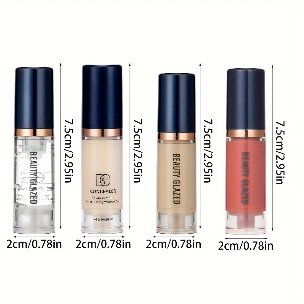 4Pcs Set Primer + Concealer + Liquid Foundation Liquid Blush Matte Velvet Waterproof Foundation Blush Makeup For Travel