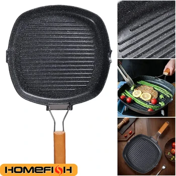 Foldable Portable Frying Pan Picnic Grill Pan Anti-scald Wooden Handle Outdoor Grill Pan Double Mouth Steak Pan(No Lid) 1