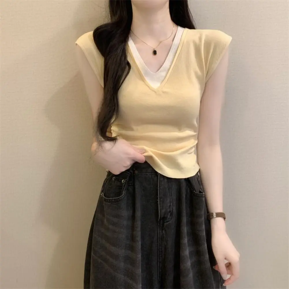 Temperamnet Patchwork Fake Two Pieces T-shirts Short Sleeve V-neck Slim Crop Top Korean Style Sweet Girl's Top Streetwear