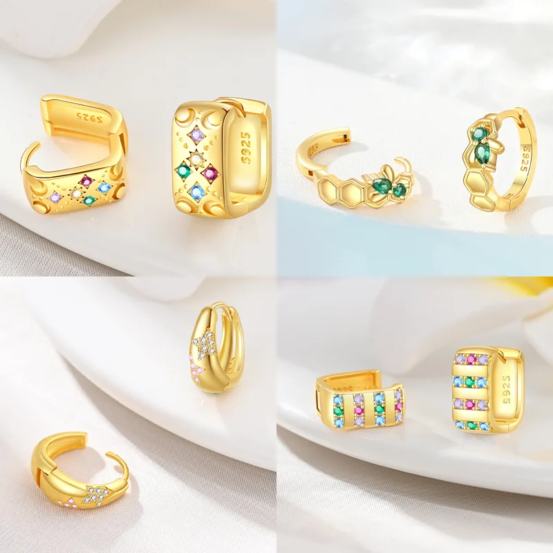 925 Sterling Silver Colored Starry Gold Square Hoop Earrings For Women's Wedding Parties Jewelry Accessories S925 silver hoop earrings,silver earrings,hoop earrings,womens earrings,gold earrings