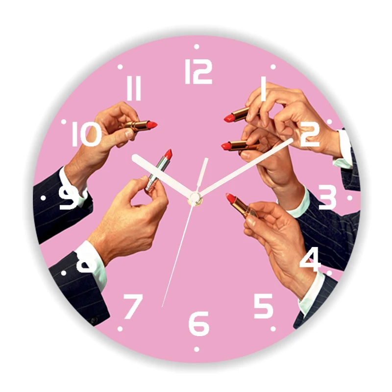 Seletty Mirror Lipstick Print Round Wall Clock for Bedroom Home Decor Modern Toiletpaper Painting Art Big Wall Watch Gift 14inch