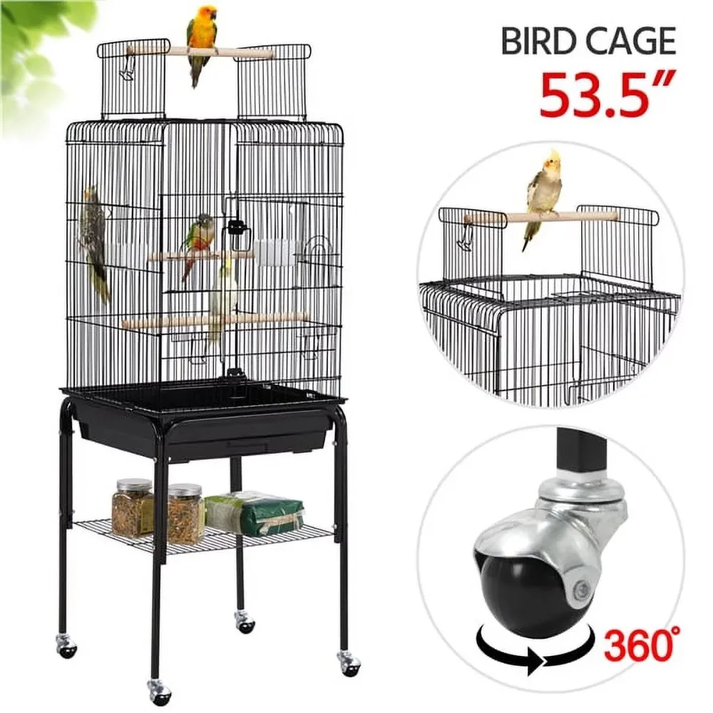 

53.5" Metal Rolling Bird Cage with Play Top Stand,Parrot cage. Pet Cage， Dark Gray