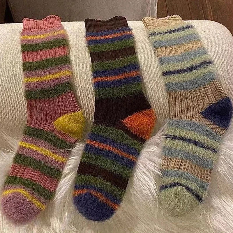 

1/2pairs Women's Retro Mink Velvet Striped Knitted Socks Winter Fluffy Warm Sock Mid-tube Thick Thread Needles Long Stocking