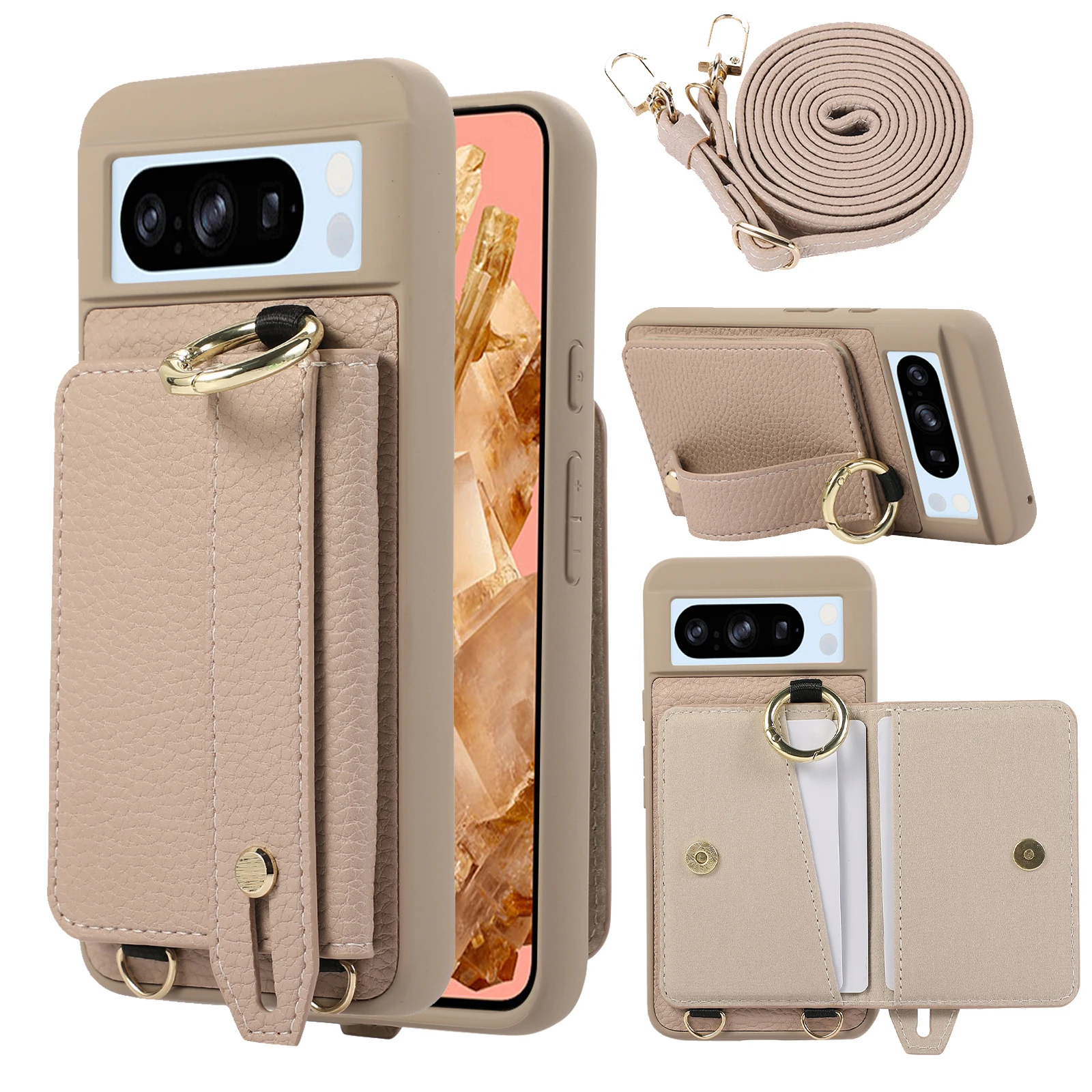 

Shockproof Crossbody Litchi Leather Card Holder Wallet Case For Google Pixel 8 Pro 9, Hand Strap Wristband Kickstand Phone Cover