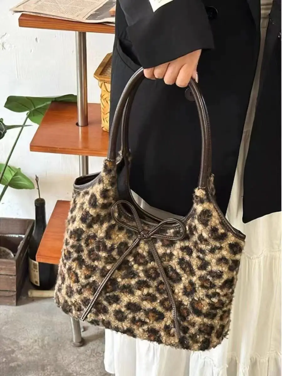 JIAERDI Vintage Plush Leopard Print Bucket Bag Women Sweet Cool Hot Girls Bow Y2k Handbag Female Retro Underarm Bag Aesthetic