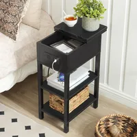 End Table with Charging Station, Flip Top Bedside Table with USB Ports, Narrow Nightstand with Storage Shelves, for Small Space 2