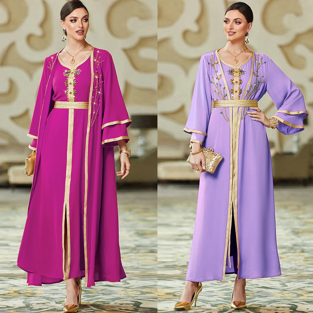 

Luxury Elegant Moroccan Jalabiya Abayas Dress For Women Diamonds Evening Party Gown 2 Pieces Set Abaya Dresses Muslim Ramadan