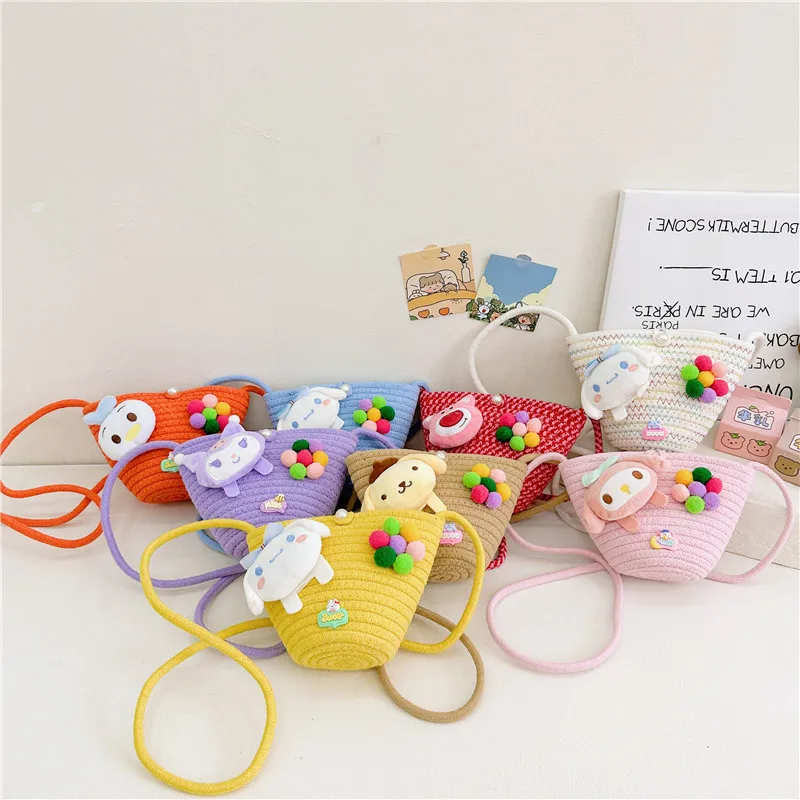HelloKittynewwomen's bag fashionable straw one-shouldercross-body children's bag cartoon cute plush accessories baby storage bag