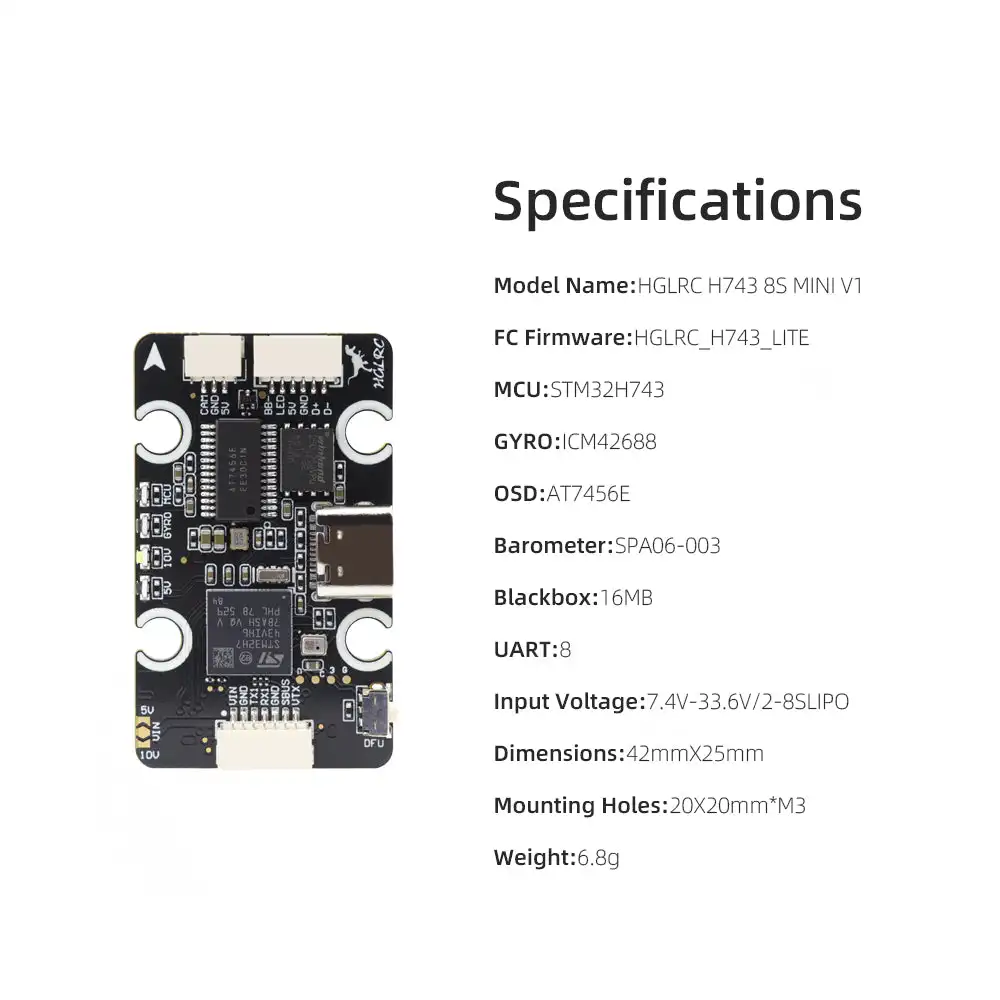 Contrôleur de vol HGLRC H743 8S MINI V1 installé dans un drone FPV, câblage visible