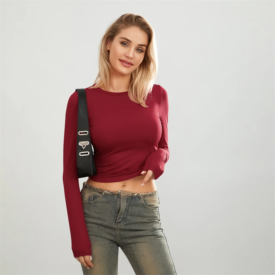 Camisetas básicas de Color liso para mujer, camisetas informales de manga larga, jerséis ajustados para otoño y primaver