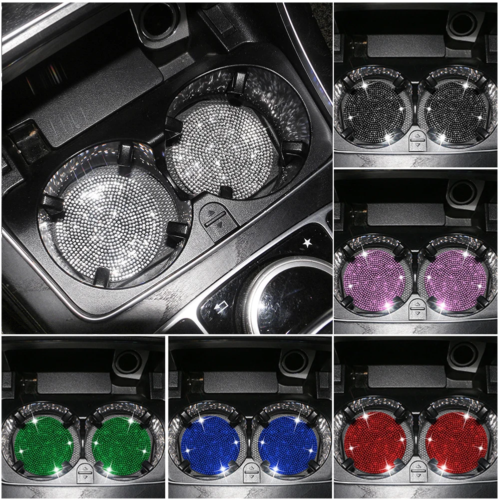2PCS Diamond Car Coaster Water Cup Slot Non-Slip Mat Silica Gel Pad Cup Holder Mat Car Gadget Bling Accessories for Woman cup holder coasters car coaster pads