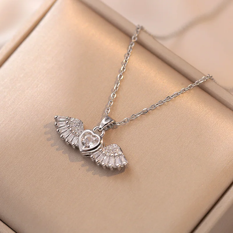 Light luxury fashion angel wings love heart zircon titanium steel necklace for women, pendant