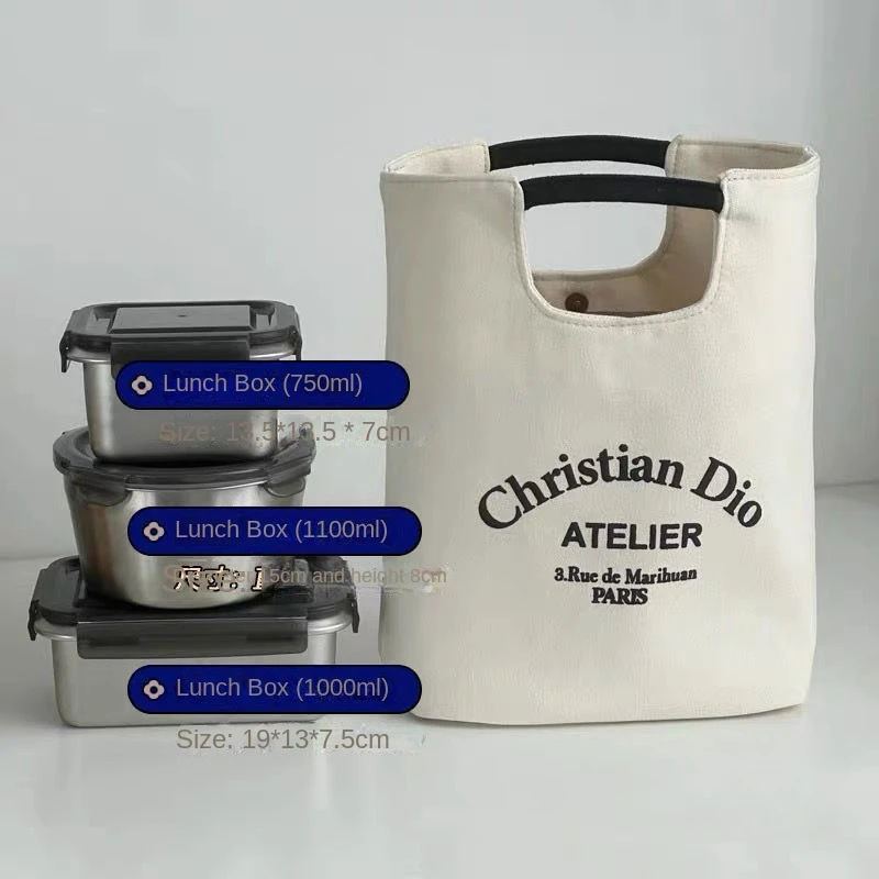 New Canvas Work Canvas Bag Bucket Bag Student Lunch Box Office Worker Portable Bento Large Capacity Casual Simple