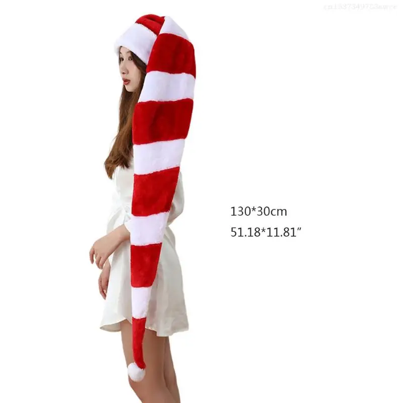 51in Plush Novelty Long-tail Santa Hat Striped Christmas Hat for Boy Girl Party F0T6