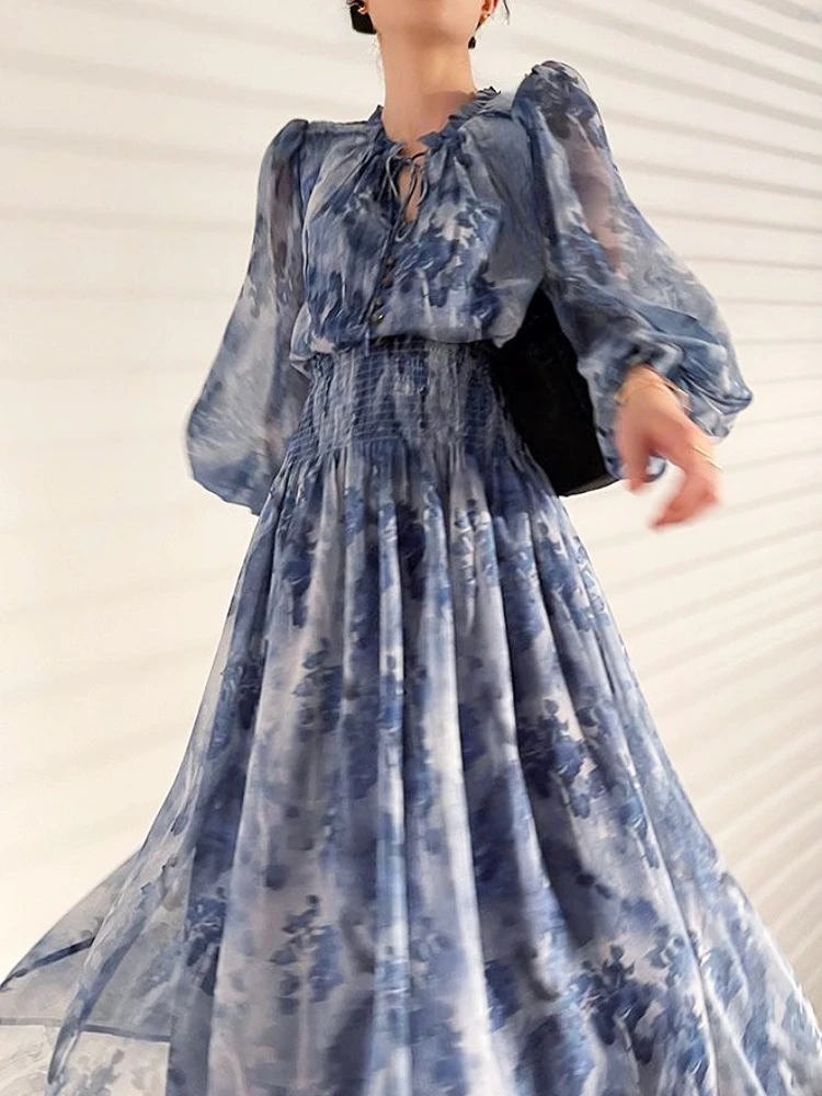 French Vintage Long Sleeve Fairy Dress Women Slim Fashion Floral Midi Dress Beach Casual Korean Style Dresses Female 2023 Summer