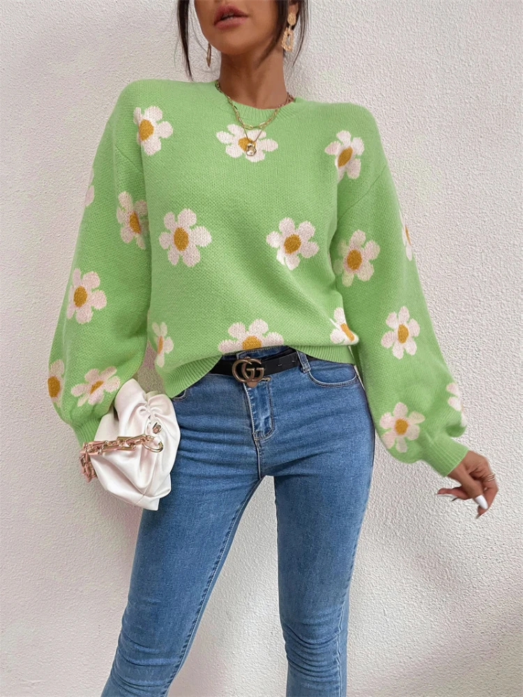 

Flower Printed Pullovers Women Winter Autumn 2023 Fresh and Sweet Women's Sweater O-neck Loose Fit Long Sleeve Female Knitewear