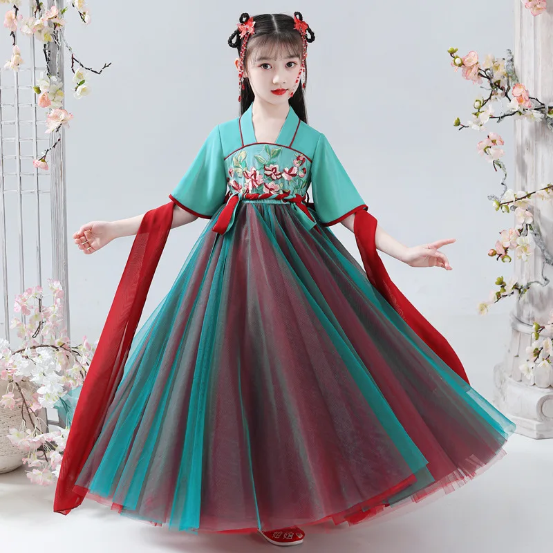 

Girls Hanfu Tang Suit Chiffon Dresses For Summer 2023 New Chinese Style V-Neck Short Sleeve Embroidery Patchwork Ancient Costume