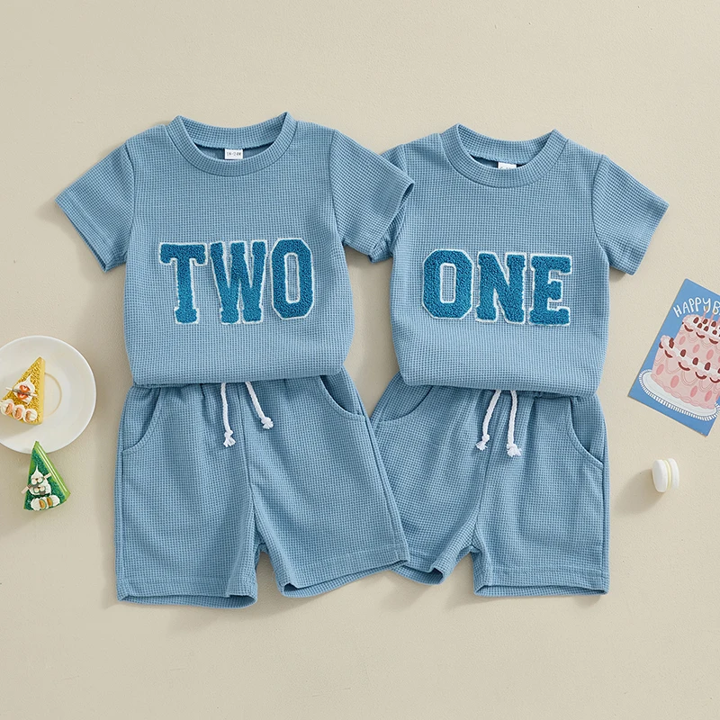 

2024-02-29 Lioraitiin Newborn Baby Boy Summer Clothes Set One Two Birthday Outfit Short Sleeve T-Shirt Waffle Shorts Set Clothes