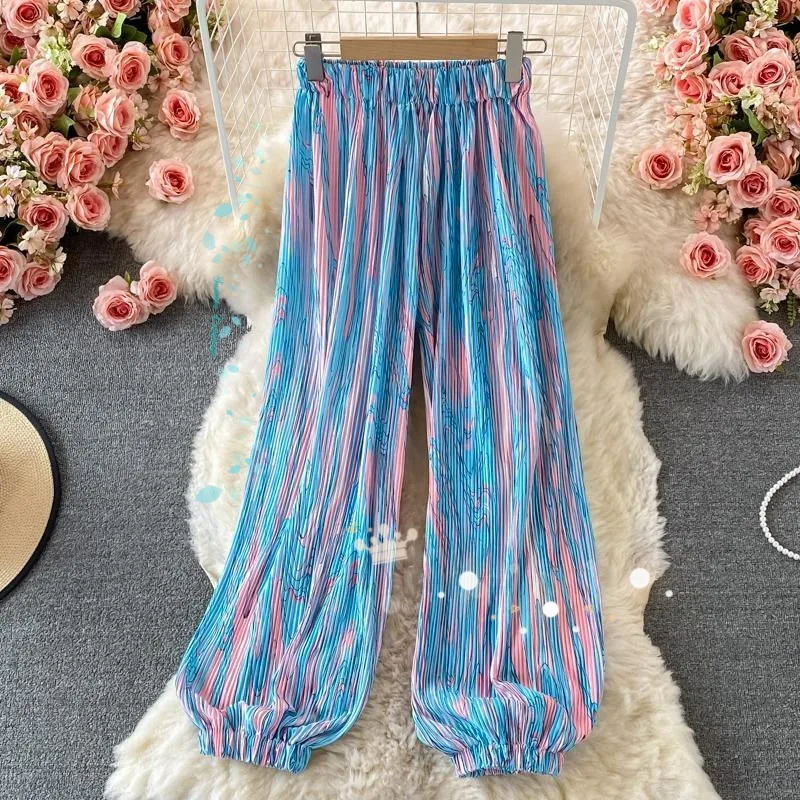 Sweatpants Women Trousers Lantern Pants  Y2k Pants Bound Feet Tie Dyeing Thin Pendant Pleated Loose High Waisted Motion Leisure