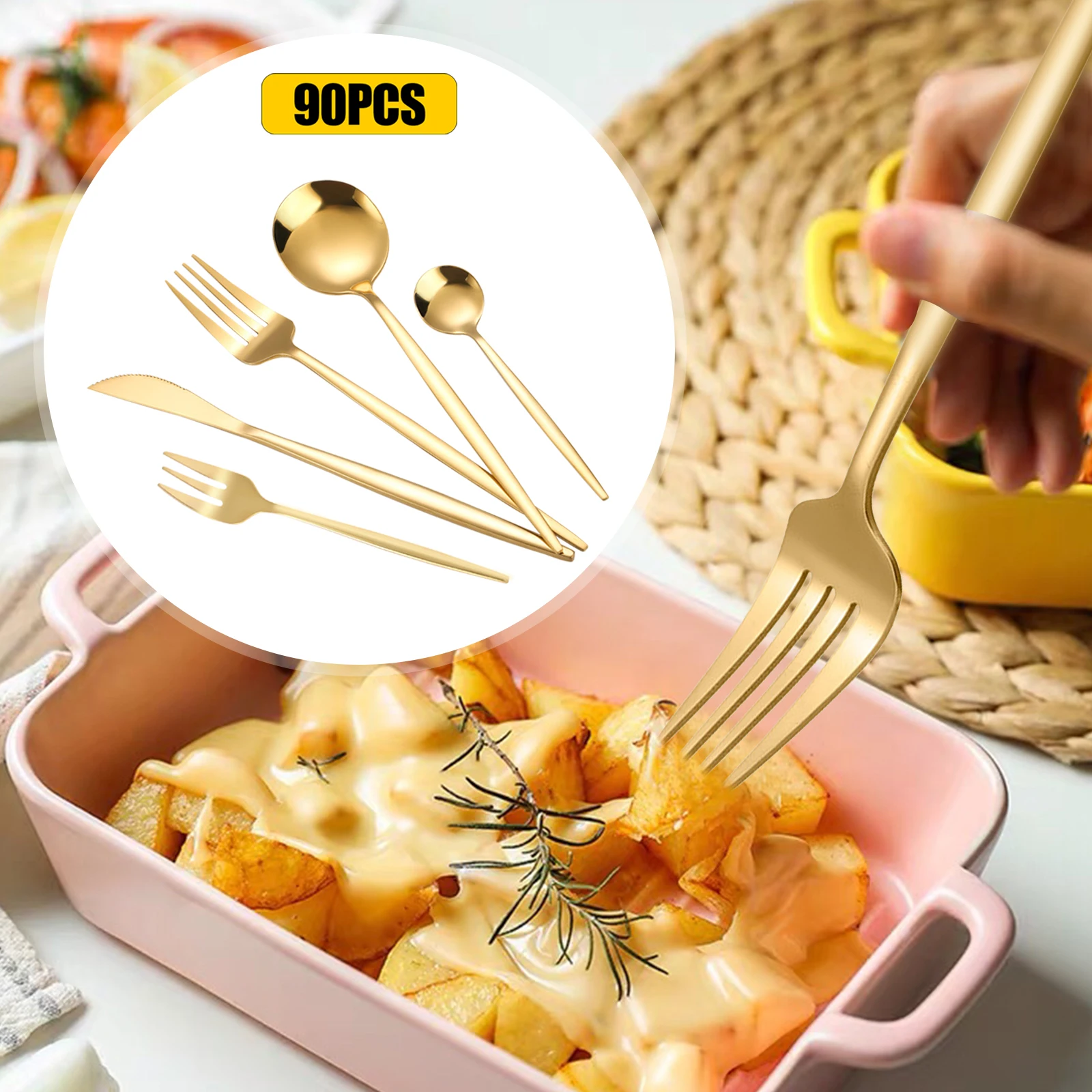 Gold Flatware Set Stainless Steel Silverware Utensil Kitchen Tableware Forks Knives Spoons Cutlery 90Pcs for Home Restaurant