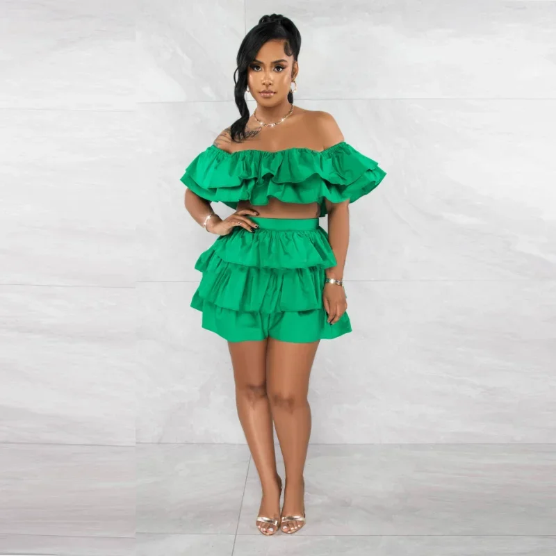 

KEXU Fashion Off Shoulder Ruffles Layers Crop Top And High Waist Skirt Two-Piece Dress Set Elegant Summer Sundress Clubwear