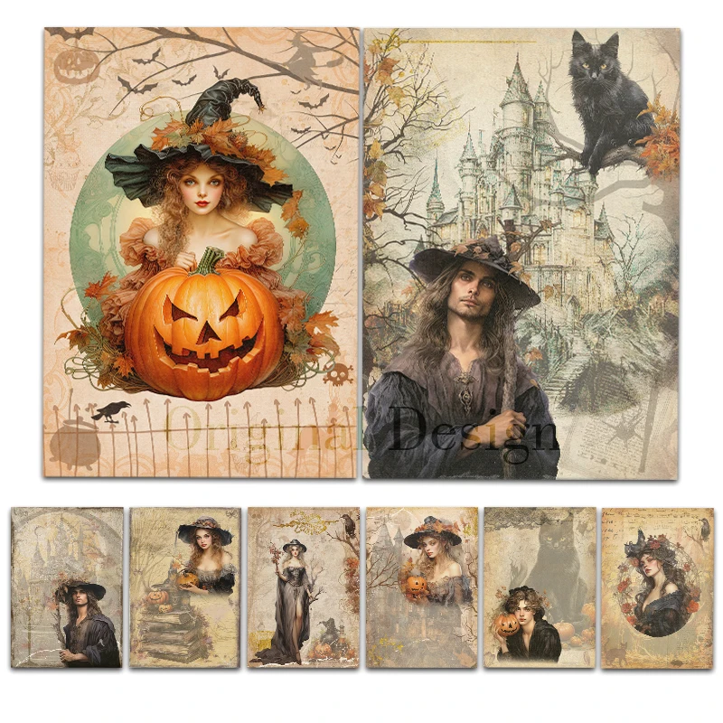Rice Paper Original Design WuleeGifts Halloween A Retro Scrapbooking Decoration Vintage Junk Journal S24090501 8PCS Craft Papers