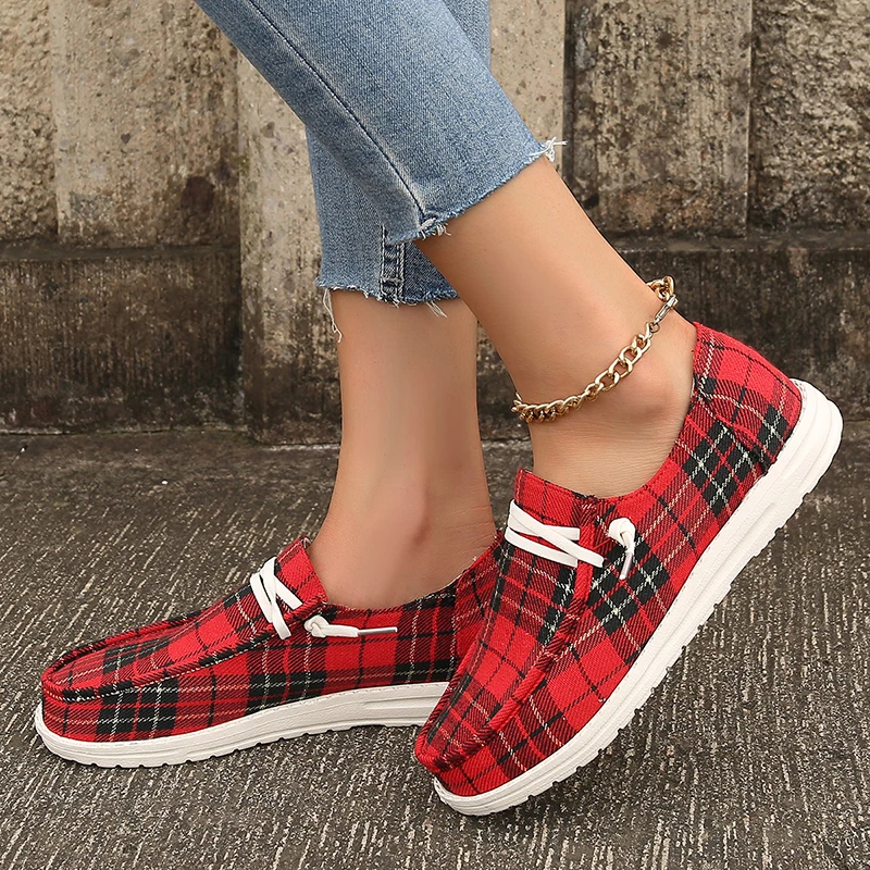 

WEOTA Women Shoes Casual Red Grids Canvas Loafer Shoes Trendy Big Size Flat Sole Shoes Suitable For All Seasons