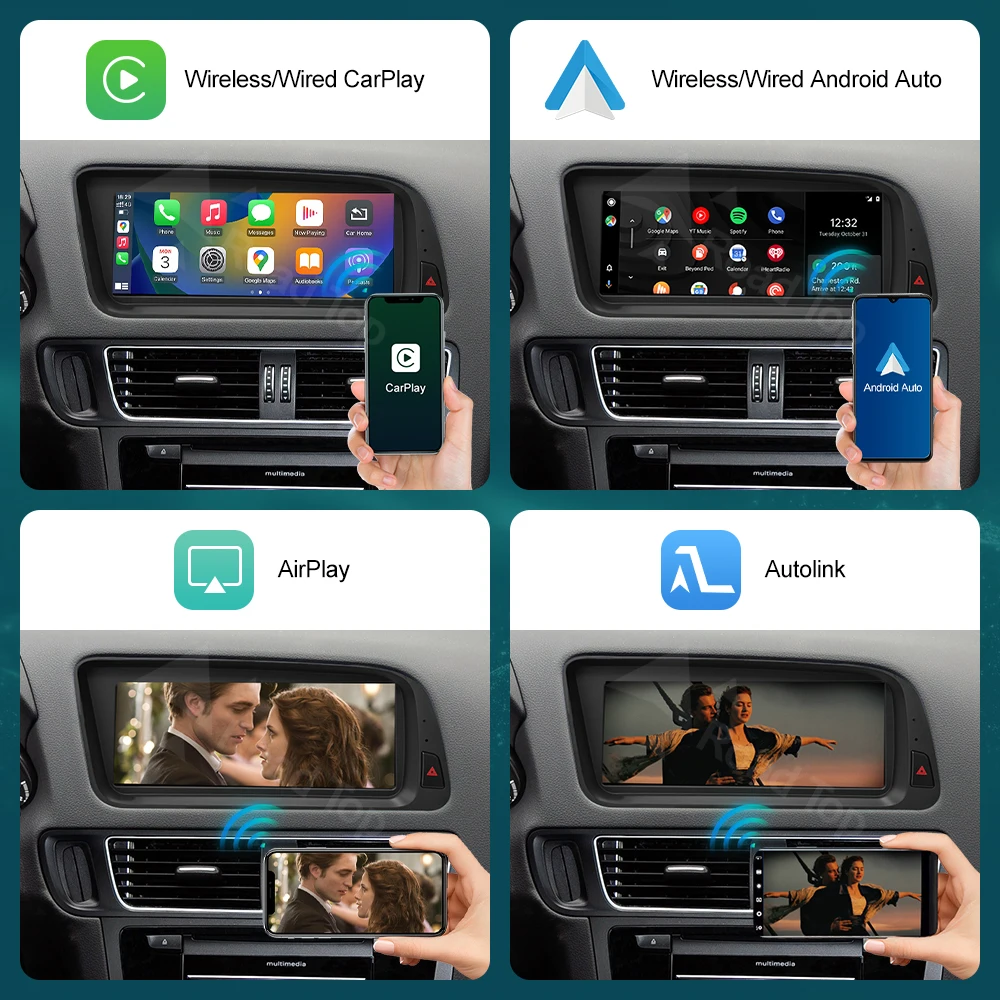 RoadTop 12,3 pulgadas inalámbrico CarPlay Multimedia pantalla ultrafina Android Auto para Audi Q5 2009-2017 función Airplay Autolink 4