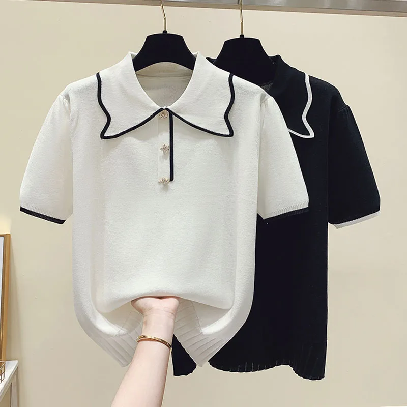 

Summer Thin Ice Silk Striped Tshirt Sweater Women Short Sleeve Oversized Tees Tops Fashion Loose Stylish Ladies Knitwear Jumpers