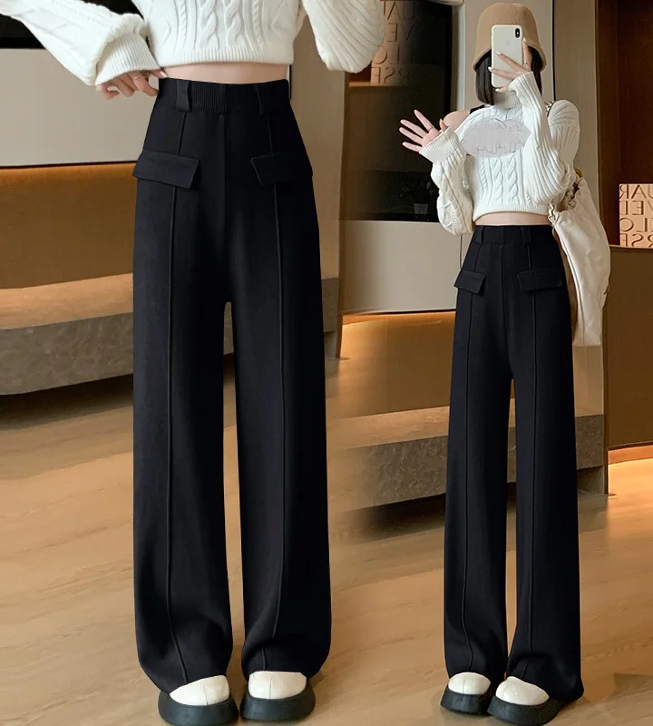 Knitted casual pants for children in autumn and winter 2023, new thickened high waisted draped and lazy style wide leg mop pants