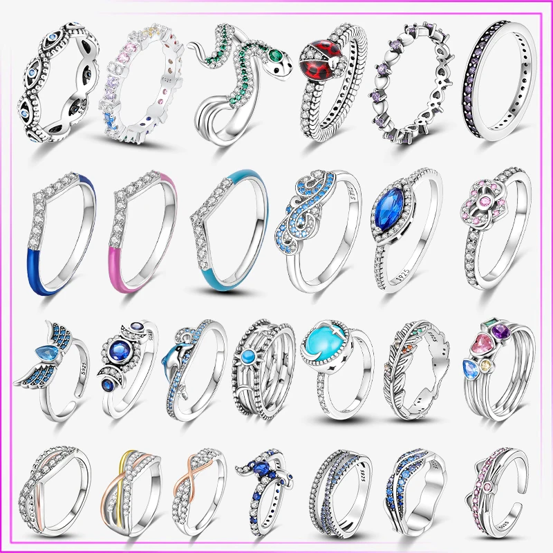 Nuovi Anelli In Argento 925 Trendy Finger Beetles Ring Snake Flower Sparking Zircone Princess Geometry Heart Ring Anelli Da Donna Popolari