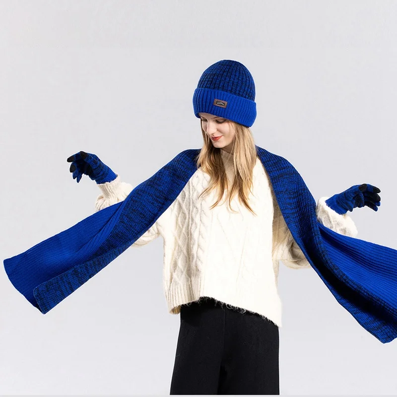Premium Hat Glove Scarf Three Piece Set Winter Outdoor With Fleece Insulation Ear Protection Knitted Yarn Wool Hat Men Female