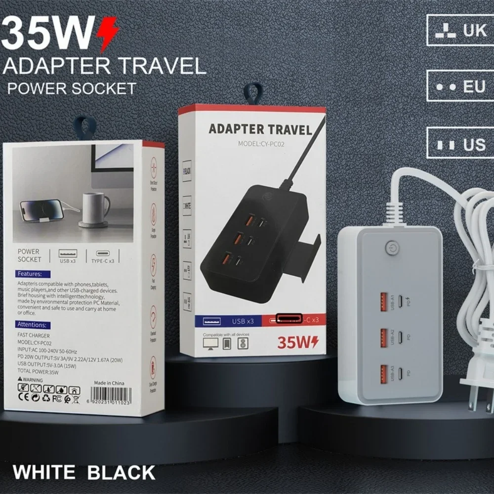 35W Power Strip Socket 3PD & 3USB Multiple Ports Extension Cable Plugs Cell Phone Adaptors Quick Charging US/EU/UK Plug Sockets