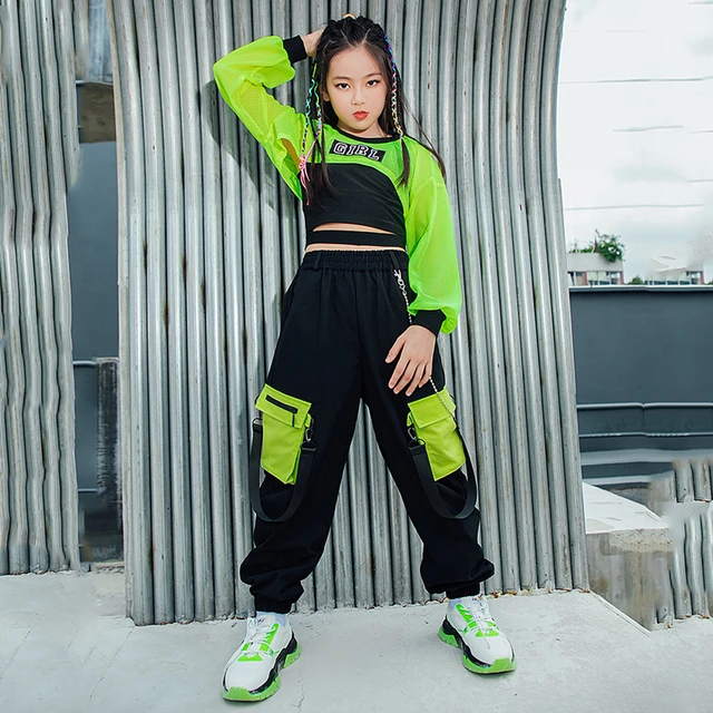 Noveno pandilla vanidad Ropa de Hip Hop para niñas, trajes de Jazz, Tops cortos verdes, chaleco  negro, pantalones Cargo, disfraces de baile callejero, ropa de rendimiento  para niños, Rave - AliExpress