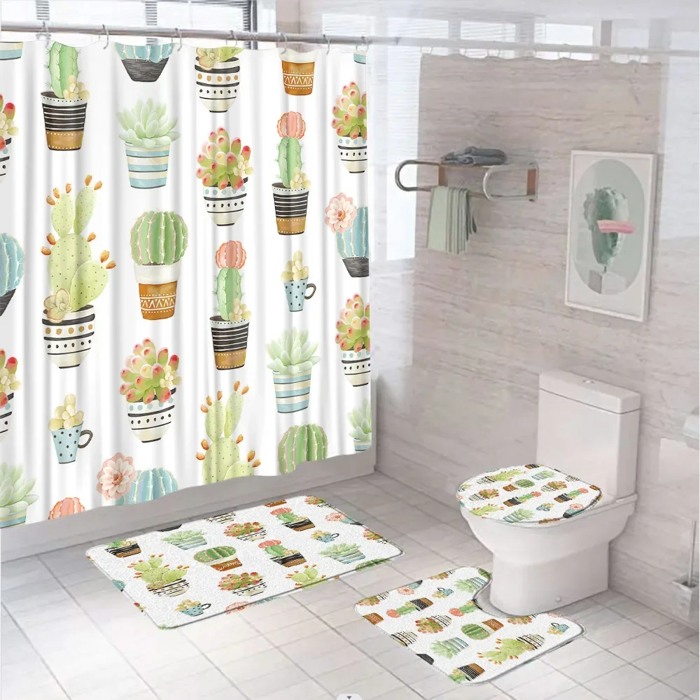 Watercolor Cactus Bathroom Sets Green Potted Plant Shower Curtain Non-Slip Rug Colorful Bohemian Toilet Lid Cover Bath Mat Home 2