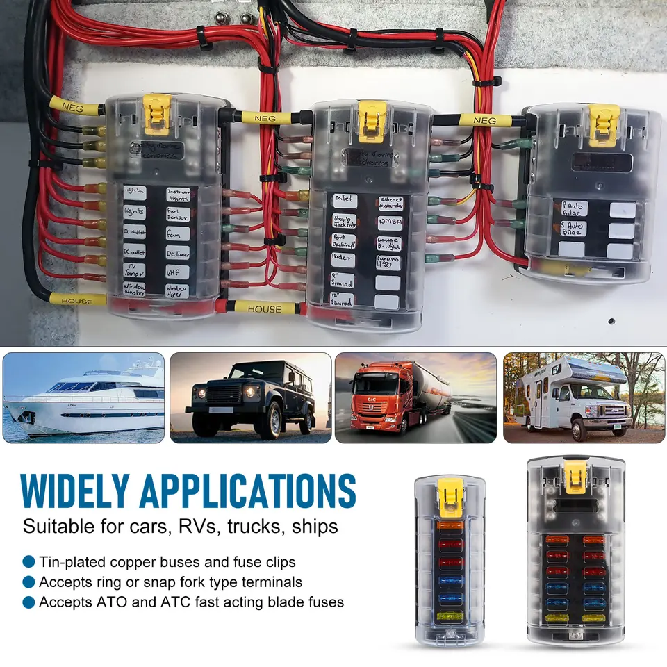 Boîte à Fusibles 12 Voies Avec Couvercle Et Indicateur LED - Pour Bateau, Caravane, Voiture