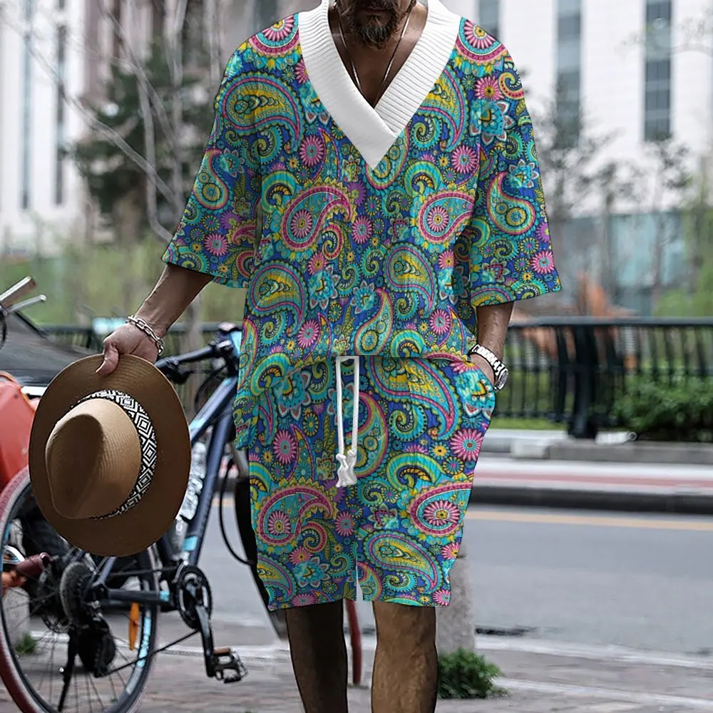 

2024 Men's Trendy Printing Casual Set Men's Summer Loose Short sleeved Shorts V-neck Dynamic Set Two piece Set for Men