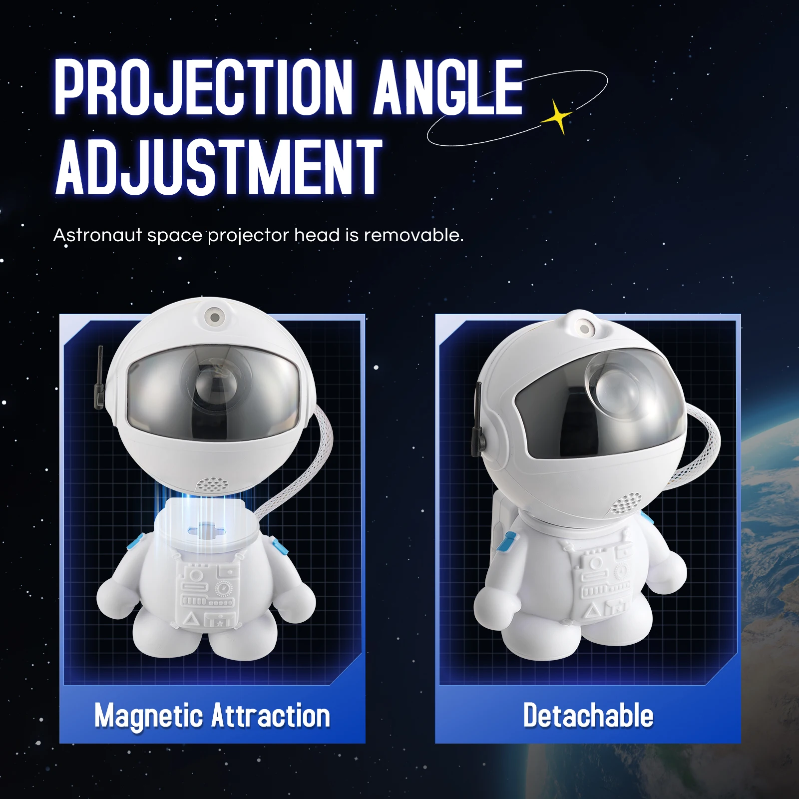 타이머와 360도 회전 기능이 있는 우주 은하계 야간 조명 프로젝터 ° 회전하는 자석 헤드 우주비행사 테마 어린이용 수면등