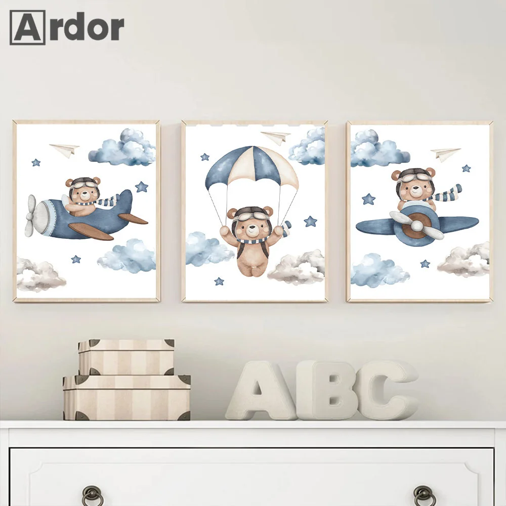 

Blue Art Bear Canvas Painting Aircraft Art Poster Parachute Stars Print Nursery Wall Pictures for Baby Boys Bedroom Home Decor