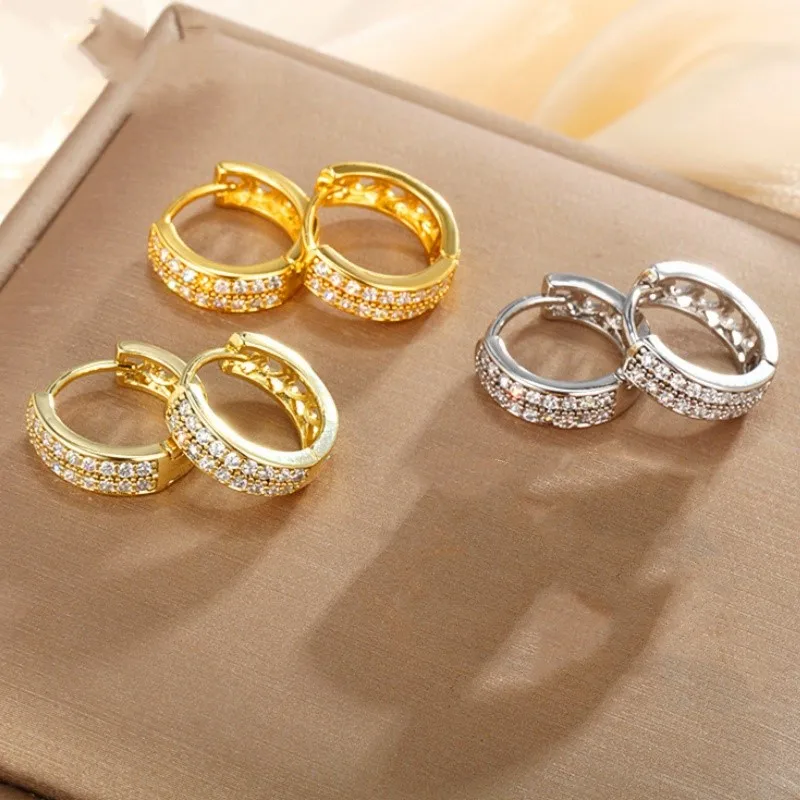 6/8/10/12mm Silver Color Double Row Zircon Hoop Earrings for Women Trendy Y2K CZ Huggies Earring Jewelry Gifts Wholesale